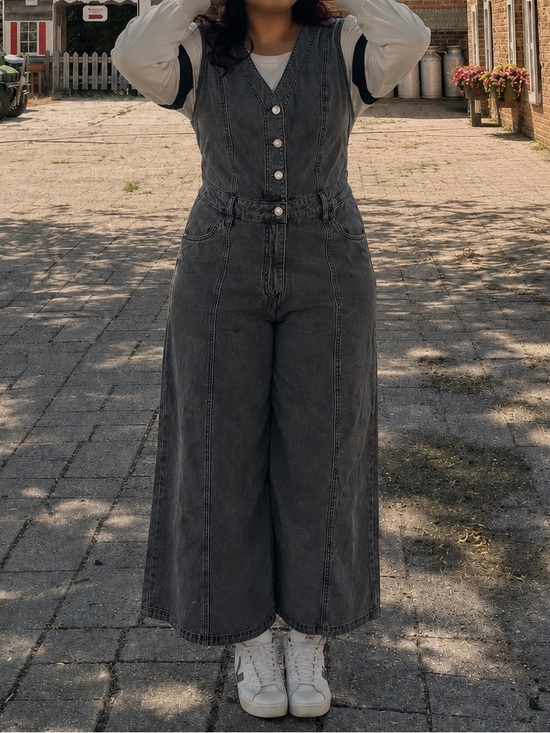 Universal Thread Pants - Charcoal Wide-Leg Denim Jumpsuit with Button Front